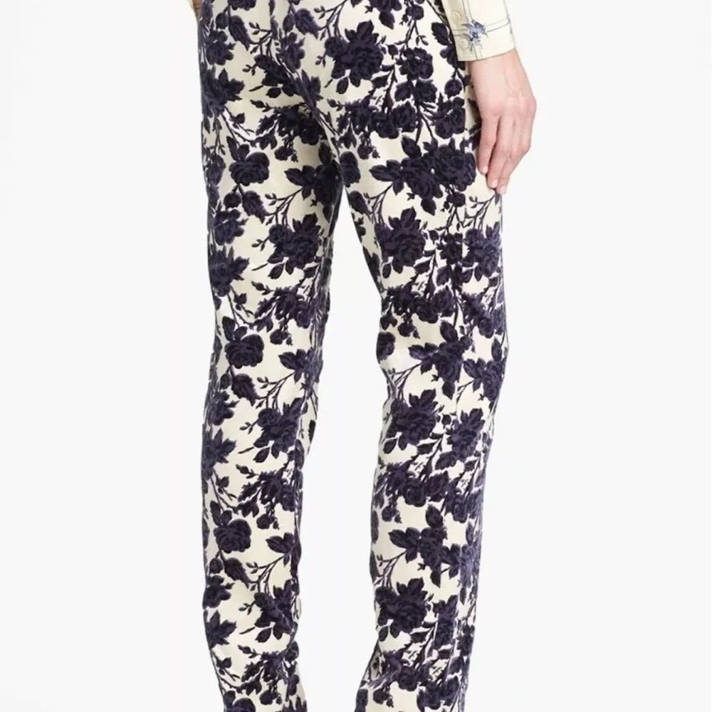 Tory Burch Floral Velvet Burnout Trousers Navy Cream Devore Slim Leg Pants